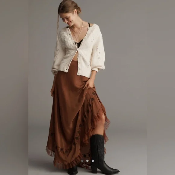 By Anthropologie Pointelle Scalloped Cardigan Sweater in Ivory - Picture 3 of 5